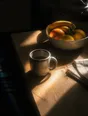 Prism-light photograph: A kitchen table carrying the day's ordinary things, a mug and a bowl of fruit and a folded cloth, in hard sun.