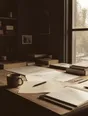 Struck-light photograph: a desk at a window on an overcast morning, work laid out across it and a cup of coffee gone cold