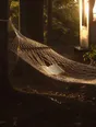 Struck-light photograph: a hammock slung between two trees late in the afternoon with a book left face down across it