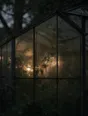 Dark green cinematic photograph: an overgrown greenhouse at dusk lit warm from within, one bloom against the fogged glass.