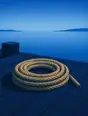 Grainy gradient illustration: A coil of rope left neatly on a wooden dock, the morning water empty, the day's boats already out.