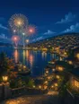 Painted anime scene: Fireworks blooming low over the bay at night, the whole town lit warm beneath them, reflections running across the harbor water, sky vivid cobalt.