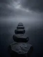 Dark elemental photograph: dark stepping stones crossing still water into mist, the stone after next half formed in small glowing marks.