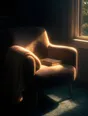 Prism-light photograph: An armchair by a tall window with a blanket over the arm and a book on the seat.