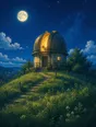 Painted anime scene: A small observatory dome open under a bright full moon, warm light inside the slit, the meadow silver-green around it, stars sharp.