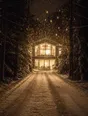 Struck-light photograph: a long drive between dark trees in heavy falling snow, a house lit and waiting at the end of it