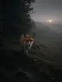 Dark green cinematic photograph: a red fox stepping out of a dark treeline into open hillside mist, one ember light low in the sky.