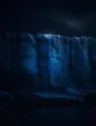 Dark elemental photograph: a layered glacial ice wall glowing deep blue, its newest top rim dissolving into small glowing marks.