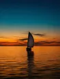 Film photograph: a lone sailboat crossing flat gold water at evening, its sail a crisp silhouette.
