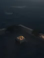 Dawn aerial photograph: a rooftop breakfast table set for two, the town below still grey and asleep.