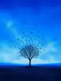 Grainy gradient illustration: A flock of birds settling out of a bright blue sky into one bare tree.