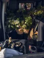 Dark cinematic photograph: The inside of a florist's van, personal things stuck to the dash, the whole load banked up behind, morning light through the windscreen.