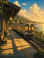 Painted anime scene: A two-car local train pulling in along the platform at golden hour, interior lights warm, the sea glinting beyond the tracks, long shadows.