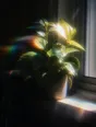 Prism-light photograph: A houseplant in full leaf on a windowsill, hard sun combing through the overlapping leaves.
