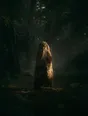 Dark green cinematic photograph: a moss-covered standing stone in a dark clearing, catching the last gold light.