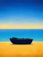 Grainy gradient illustration: A rowboat pulled fully up onto the sand above the tide line, oars shipped, bright morning light.