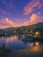Painted anime scene: The harbor at dusk with the boats in and tied, one boathouse window glowing warm, a vast painted sky of violet and peach still bright over the water.