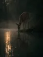 Dark green cinematic photograph: a deer at the edge of a mirror-still forest pool meeting its own reflection, dawn gold on the water.