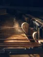 Motion photograph: inside an open grand piano at the instant of a single hard strike, one hammer still on the string and dust jumping off the soundboard
