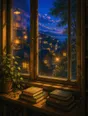 Painted anime scene: A tall window at blue hour holding the warm reflection of the lamplit room over the deepening cobalt town outside, a plant and books on the sill.