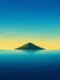 Grainy gradient illustration: One clean green island hill standing alone in a wide calm bay, a huge clear morning sky above it.