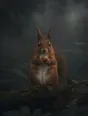 Dark green cinematic photograph: a red squirrel sitting upright on a mossy log in dark misty forest, holding a hazelnut in its front paws, calm at the camera, its russet coat the one warm note.