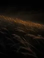 Dark elemental photograph: a dark meadow of tall grass all bent one way by wind at ember dusk, the gust's leading edge dissolving into small glowing marks.