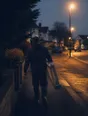 Motion photograph: a man carrying a folded ladder along a suburban street at dusk as the street lights come on