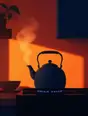 Grainy gradient illustration: A kettle steaming softly on a stove, low warm evening sun laid across the kitchen wall in simple flat planes.