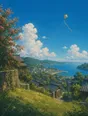 Painted anime scene: A kite already high and steady in a clean bright sky over the hill meadow, its long line running down out of frame, the town small below.