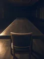 Dark cinematic photograph: One finished chair standing alone in the middle of an empty workshop under hard light.