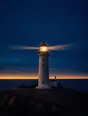 Film photograph: a lighthouse at blue hour with its beam lit, a thin band of gold on the horizon of a dark sea.