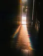 Prism-light photograph: A front door standing open onto a bright street, sun flooding the hallway boards and the runner's weave.