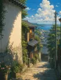 Painted anime scene: Low crisp morning sun cutting a knife-edge shadow line down a white lane wall, every edge of tile and ivy exact, the lane bright beyond.