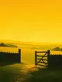 Grainy gradient illustration: An open field gate swung wide in flat midday sun, a long honest view across open country beyond it.