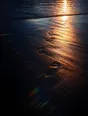 Prism-light photograph: One set of footprints crossing wet sand toward the water, low sun combing the ripple in the sand.