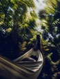 Motion photograph: a man asleep in a hammock in a garden at midday while wind moves the whole canopy above him