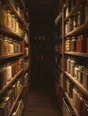 Struck-light photograph: a deep walk-in pantry stocked to the ceiling, one low light running the length of the aisle
