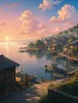 Painted anime scene: One small boat already far out on flat silver-bright water while every other boat is still tied in the harbor, morning mist lifting.