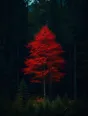 Film photograph: a single tree in full crimson blaze deep in a dark evergreen forest at dusk.