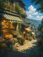 Painted anime scene: The market street mid-morning as stalls open: crates of oranges, cut flowers, jars catching sun, awnings out, one shop interior glowing.