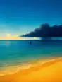 Grainy gradient illustration: A dark storm cloud passing far out over the sea while the near shore stays in full warm sunshine.