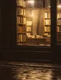 Struck-light photograph: a bookshop after closing seen from the wet street, the shelves inside catching light through the running rain