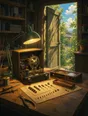 Painted anime scene: A workbench with an old radio open mid-repair, its parts laid out in exact order, a work lamp on over the circuit, morning sun in the shed door.