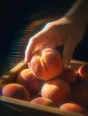 Prism-light photograph: A hand lifting one ripe peach out of a crate of them, sun across the skin and the fuzz.