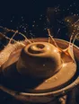 Motion photograph: a potter's wheel spinning at speed under one hard lamp, clay rising and water flying off the rim