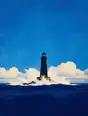 Grainy gradient illustration: A lighthouse standing calm in midday sun while heavy surf breaks white around its base.