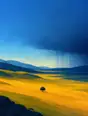 Grainy gradient illustration: Rain falling on the far side of a wide valley, warm sunlight on the near side, a clean line between them.