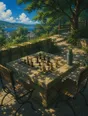 Painted anime scene: A stone chess table in the park with a real middlegame standing on the board, dappled shade, two empty chairs, a thermos set to one side.