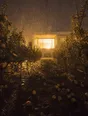 Struck-light photograph: an orchard in heavy rain at dusk with fruit still on the trees and a house lit beyond the last row